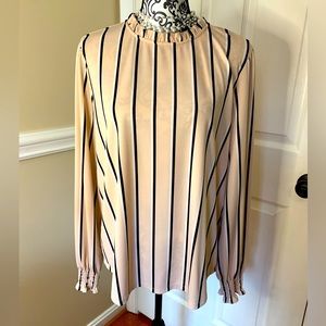 Adrianna Papell Blush Pink & Black Stripe Ruffle Neck Blouse, Size XL